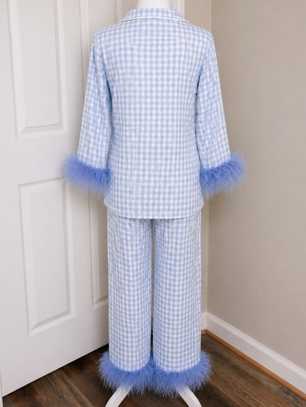 SLEEPER Blue Gingham Feather Trim Pajama Set Bridal Wedding Morning Ostrich - Picture 3 of 9